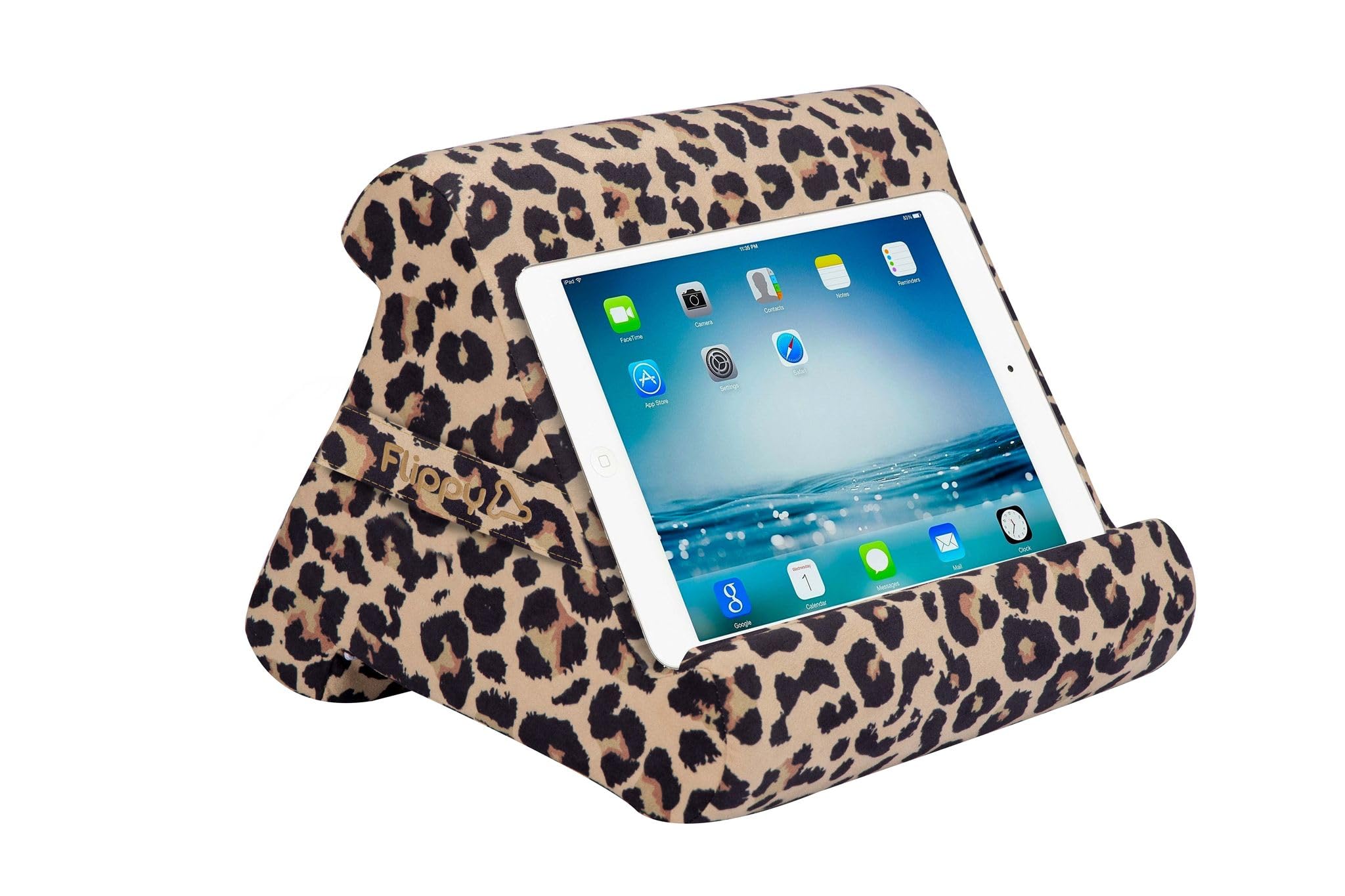 FlippyTablet 4.0 Pillow Stand Holder for Lap, Desk & Bed - Convenient Storage for Your Items - Carry Strap Handle - Compatible with iPad Pro, Kindle, Fire, Samsung Galaxy - Def Leopard