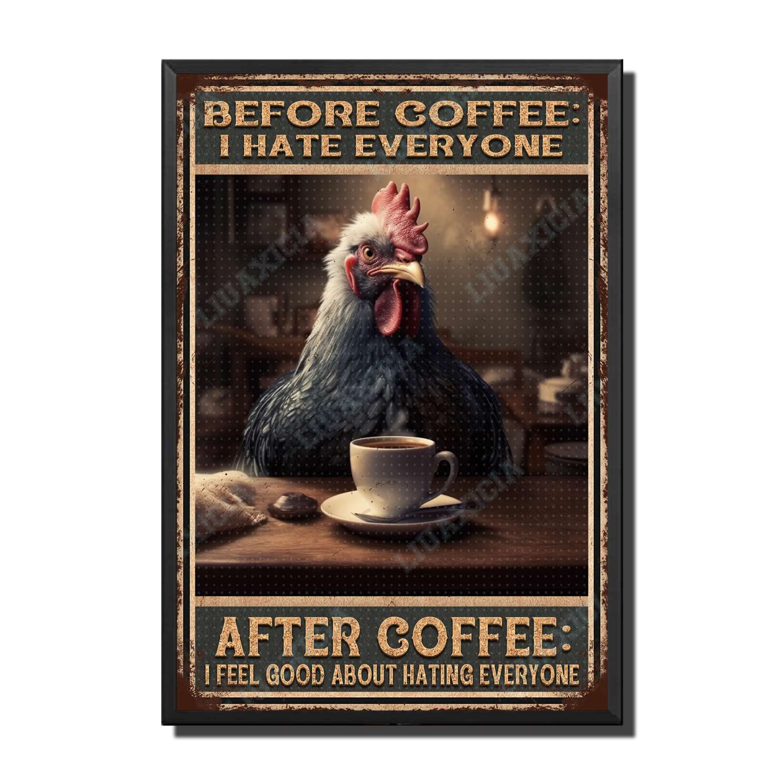 peiyeety Metal Tin Sign Before And After Coffee Chicken Vintage Decorative Wall Art,Retro Funny Coffee Lover Rustic Plaque for Home Kitchen Living Room Office,8x12 Inch