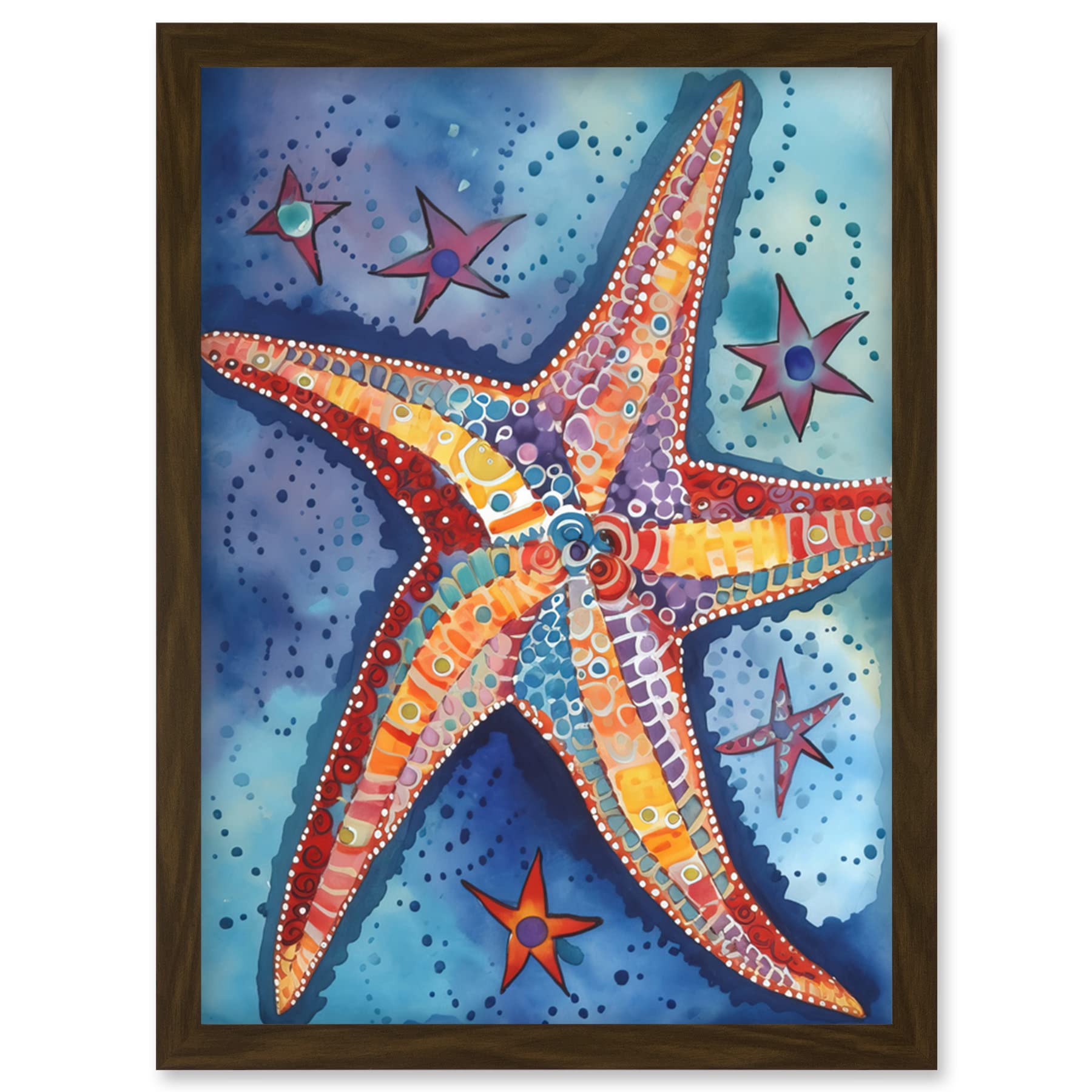 Artery8 Folk Art Starfish Framed Wall Art Print A4 - Brown