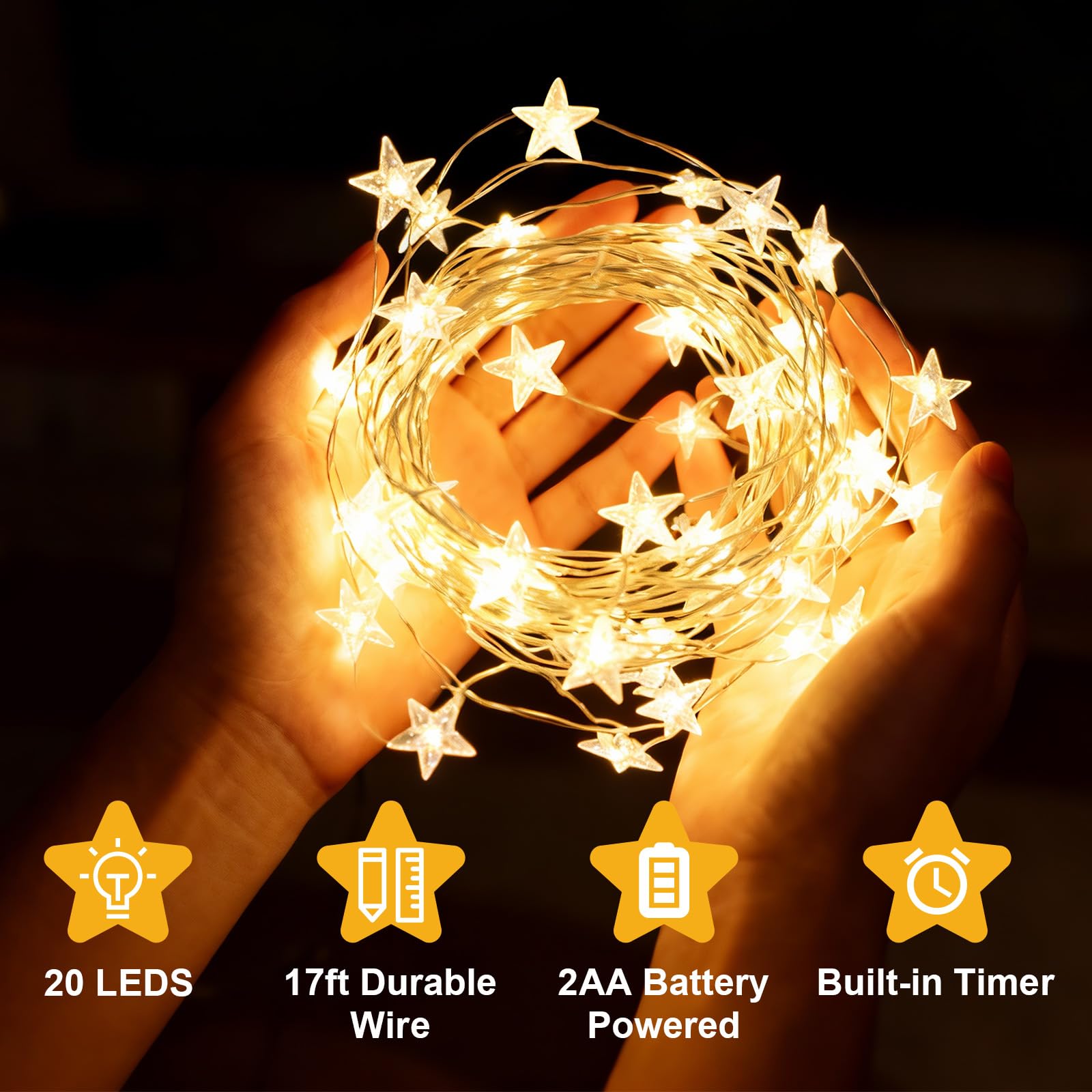 Guirnalda de luces de estrella a batería, 2 m, micro 20 LED, funciona con pilas, temporizador IP65, alambre plateado, luces de hadas para árbol de Navidad, cumpleaños, fiesta de San Valentín