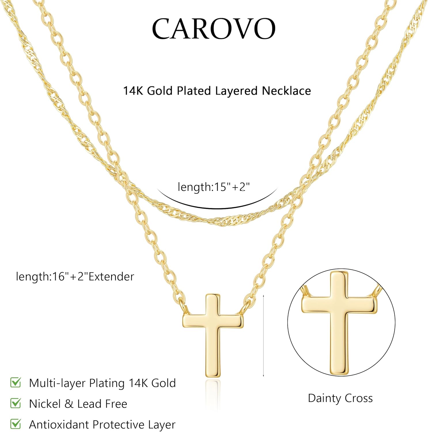 CAROVO Gold Necklace for Women Dainty 14K Gold Plated Choker Cross Flower Cubic Zirconia Necklaces Simple Layered Gold Chain Trendy Jewelry Gifts for Women - Image 2