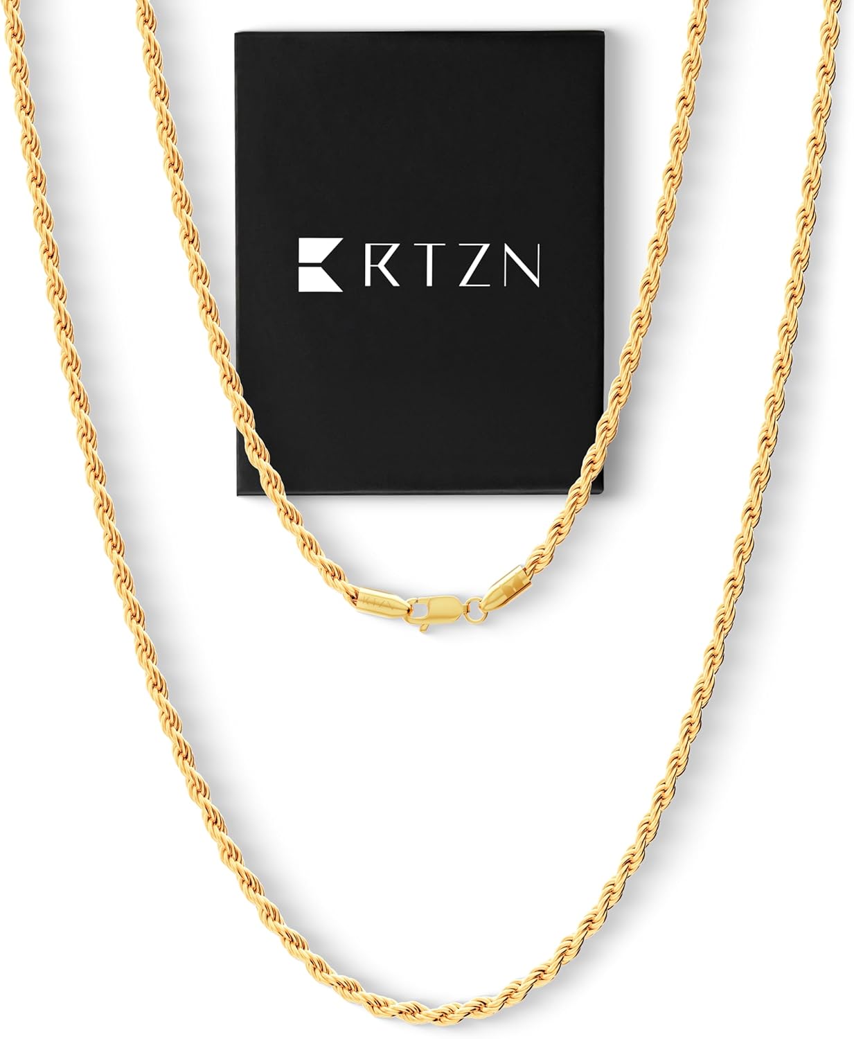 RTZN Gold Rope Chain for Men  3mm Mens Rope Chain  Premium Stainless Steel Necklace for Men & Boys  Non-Tarnish & Waterproof Silver, Gold Mens Chain Necklaces  18/20/22/24/26 Inches
