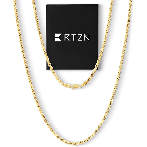 RTZN® Gold Rope Chain for Men – 3mm Mens Rope Chain – Premium Stainless Steel Necklace for Men & Boys – Non-Tarnish & Waterproof Silver, Gold Mens Chain Necklaces – 18/20/22/24/26 Inches