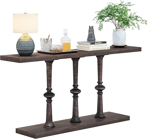 LITTLE TREE Farmhouse - Sofá delgado extra largo de madera estrecha de 63 pulgadas detrás del sofá con almacenamiento abierto, mesa consola para