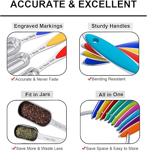 Miniatura 6 de Wildone - Juego de 20 tazas y cucharas medidoras de acero inoxidable, apilables, incluye 8 tazas medidoras, 10 cucharas medidoras, 1 nivelador y 1