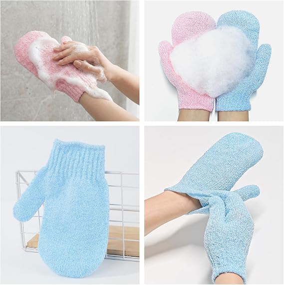 6pcs Exfoliating Gloves, Exfoliating Wash Gloves, Shower Scrub Gloves Away Ingrown Hair and Dead Skin for Shower, Spa, Massage and Dead Skin Cell Remover Loofah - White + Pink + Blue