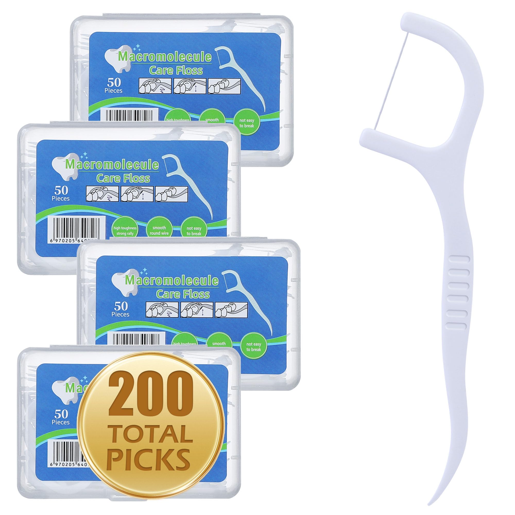 200 Count Dental Floss Picks – Built-in Toothpicks for Deep Cleaning, Comfortable Handle to Remove Plaque &amp; Protect Gums – Family Pack with 50 Picks per Portable Case for Adults