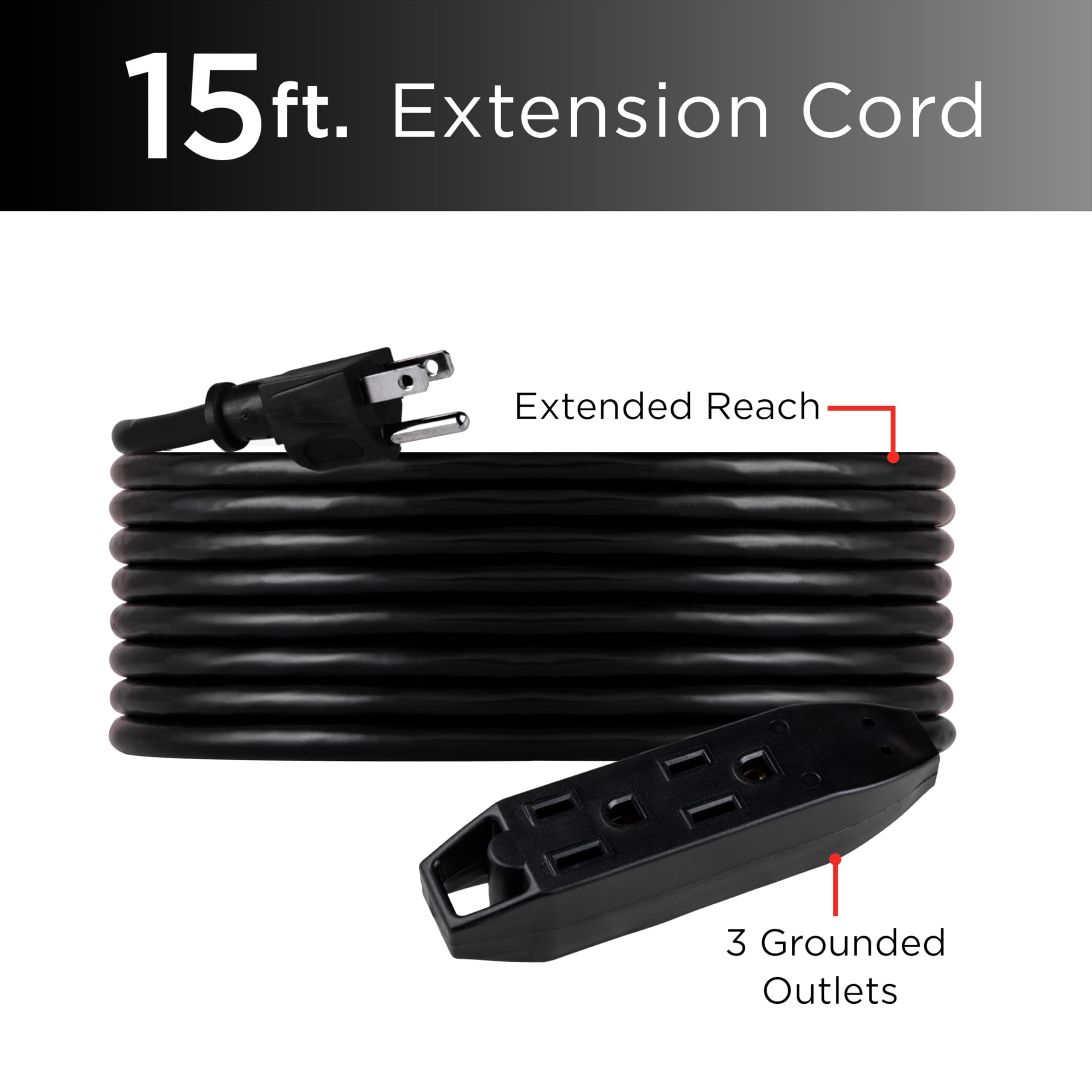 UltraPro, Negro, Cable de extensión de 15 pies, regleta de enchufes de 3 Salidas, Calibre 16, SJTW, Servicio Pesado, para Uso en el hogar, Garaje o Taller, 50786