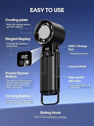 Vista 5 de Ventilador de mano portátil con enfriador de hielo, viento de 5 engranajes, ventiladores de mano con tecnología Air Turbo de 15000 RPM, ventiladores