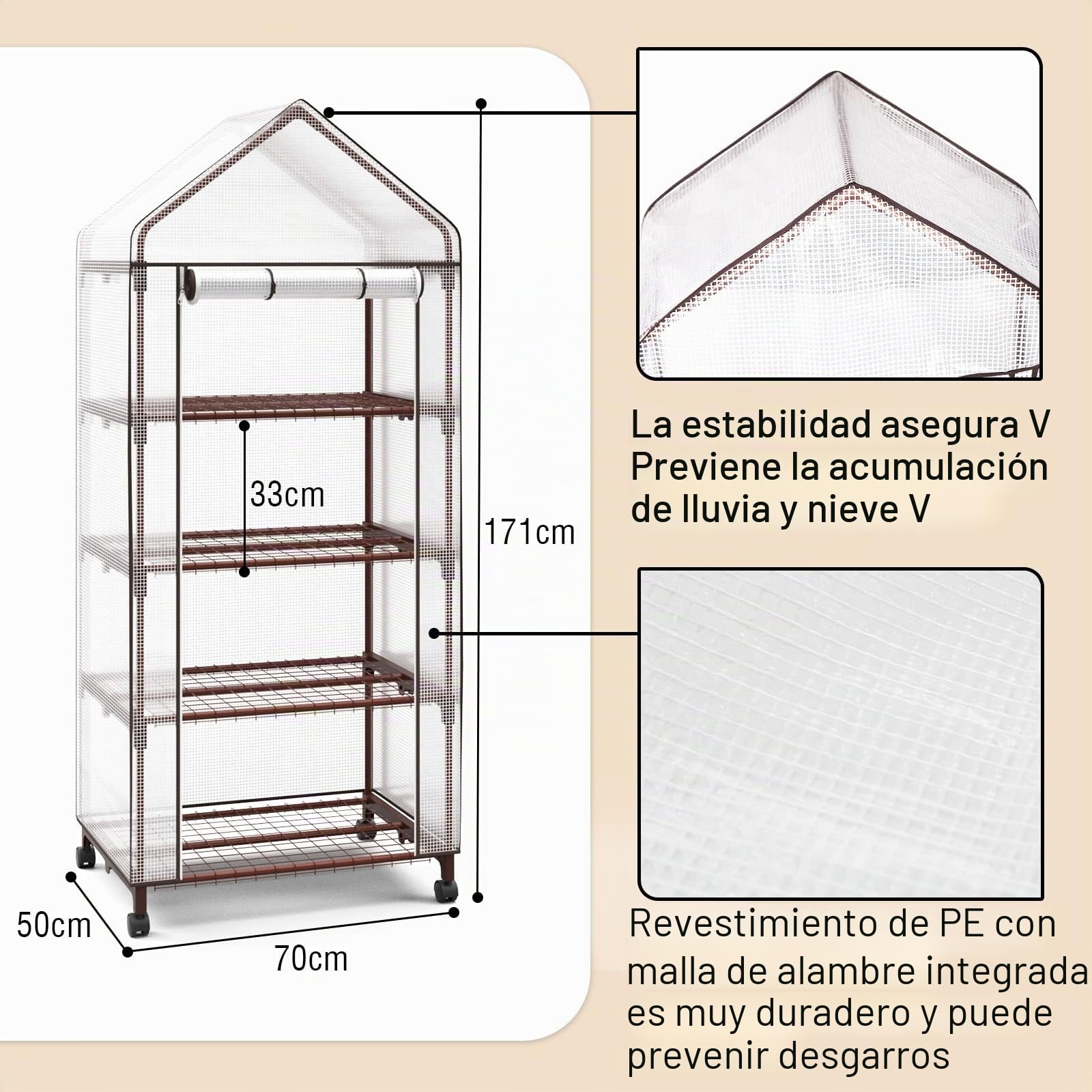 UDPATIO Invernadero Con 4 Niveles, Pequeño Invernadero Con Estantes, Puerta Enrollable, 4 Ruedas Y 4 Ganchos Para Tierra, 171x70x50 Cm, Ahorro De Espacio, Para Balcón, Habitación, Jardín