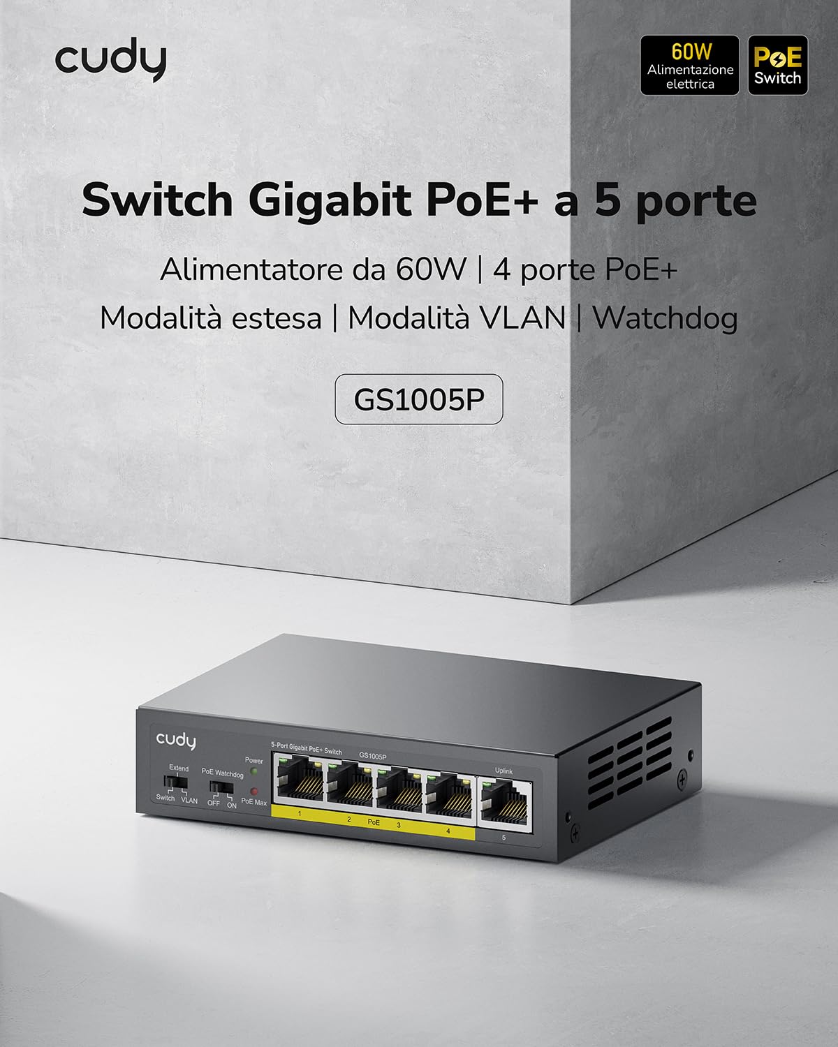Cudy GS1005P Switch Ethernet Gigabit 5 Porte Poe+ 60W, 4 Porte 10/100/1000Mbps Poe+, Switch Unmanaged, No Alimentazione Aggiuntiva, 802.3af/at