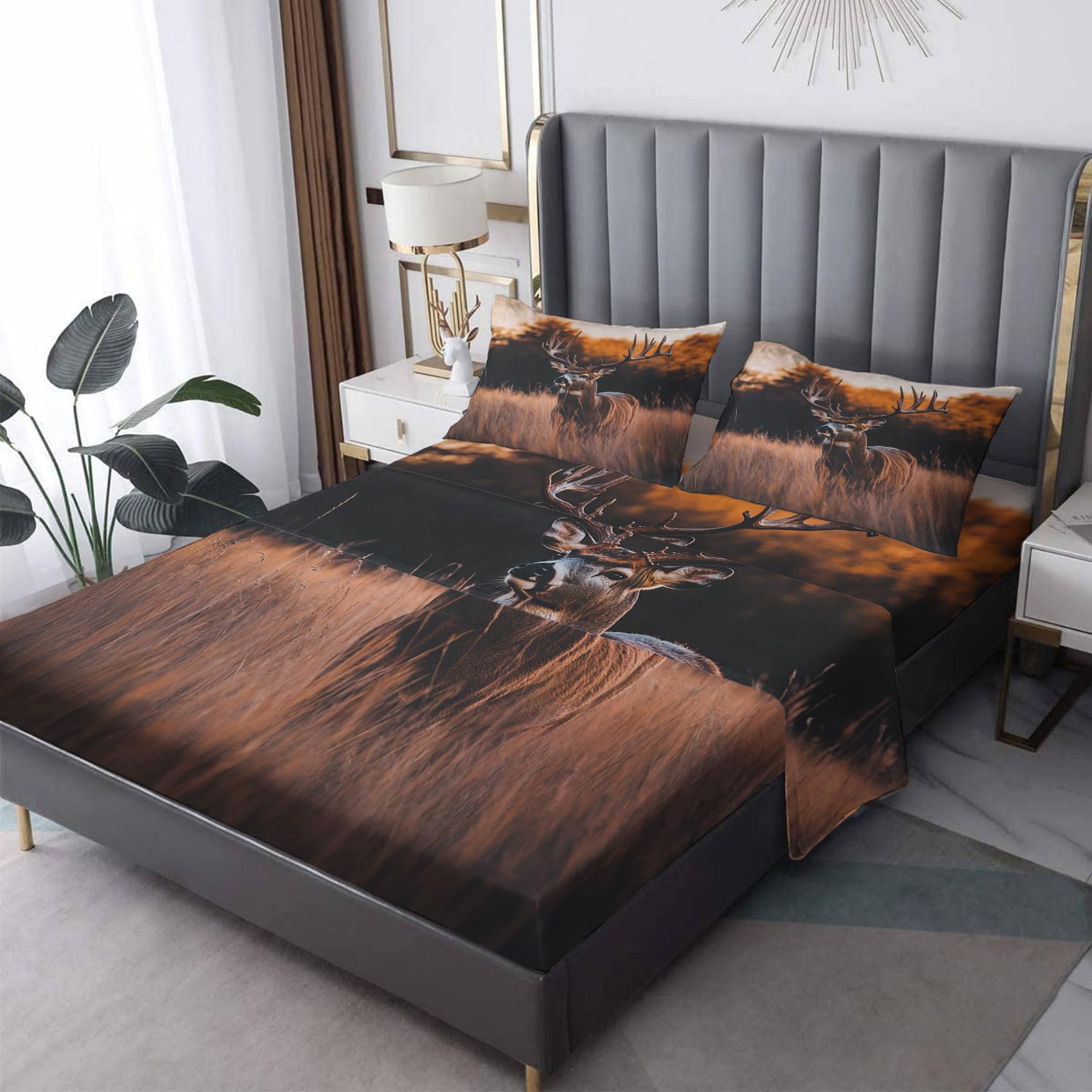 Zvynqour Deer Bed Sheets Twin Size - Wild Animal Sheet Set - Deep Pocket Fitted Sheets & Flat Sheet & Pillowcases 3 Piece - Wildlife Bedding & Decor - Soft Brushed Microfibe