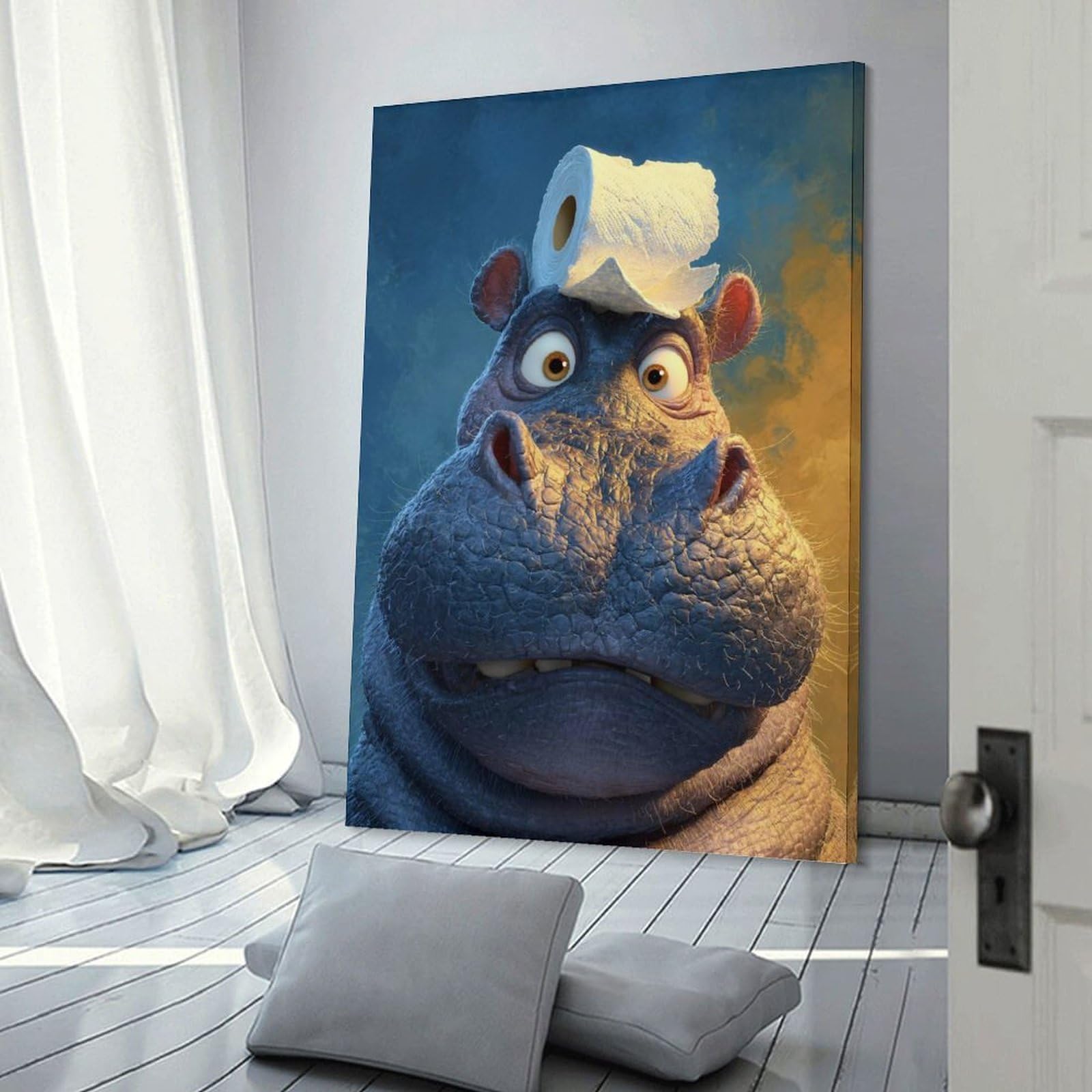 Junmoney Canvas Wall Art Hippo with Toilet Paper on Head, 24x36inch(60x90cm), for Bedroom, Guest Room Or Reading Nook, Canvas Wall Decor for Personal Spaces