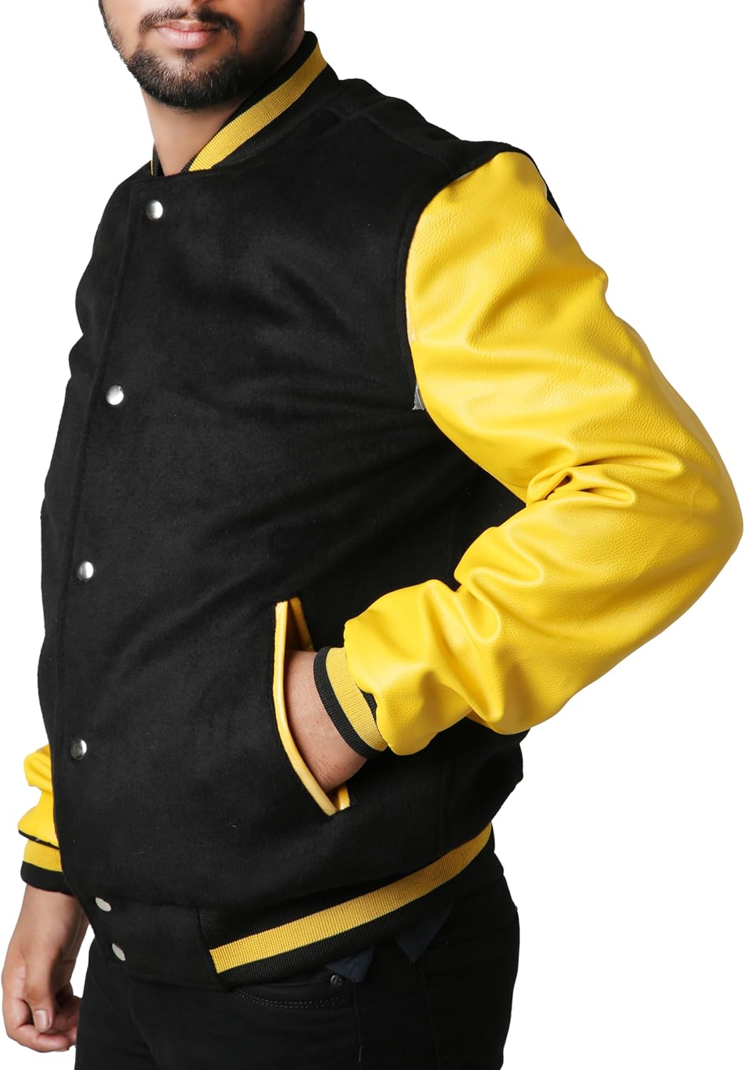 MUKHTALIF Man’s Black and Yellow Varsity Jacket Baseball Wool Letterman Jacket - Image 3
