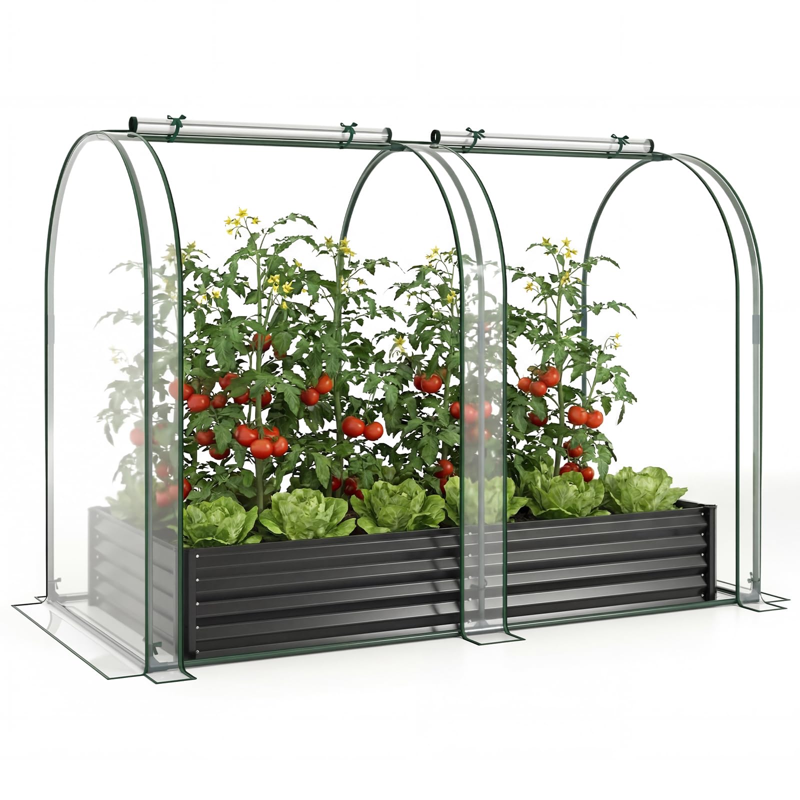 COSTWAY Orto Rialzato da Giardino con Serra, Fioriera da Esterno in Metallo con Copertura Apribile in PVC, Letto Rialzato da Esterno per Giadino, Cortile e Balcone 198 x 100 x 145 cm (Nero)