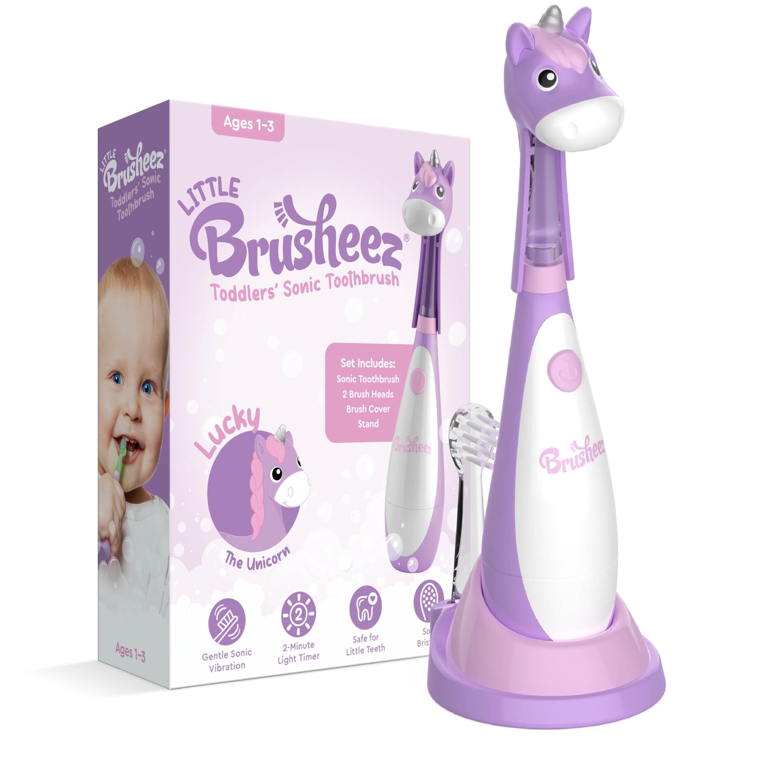 Brusheez Little Toddlers’ Sonic Toothbrush - Safe & Gentle Toothbrush for Ages 1-3 with Built-in, Light-Up 2-Minute Timer, Extra Brush Head, & Storage
