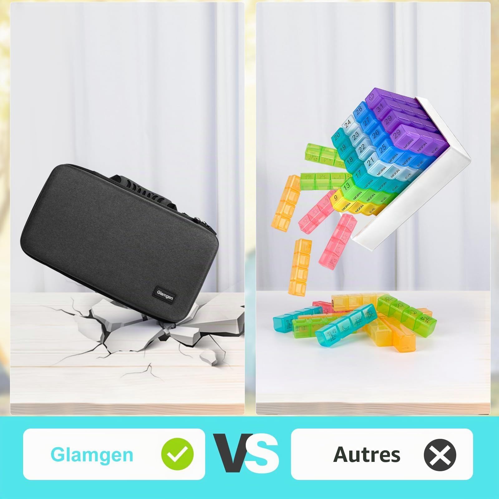 Glamgen Pilulier mensuel 4 fois par jour, 30 jours quotidiens avec grand étui de voyage rigide portable, étui de voyage 32 compartiments pour vitamines, suppléments et médicaments, 1 unité