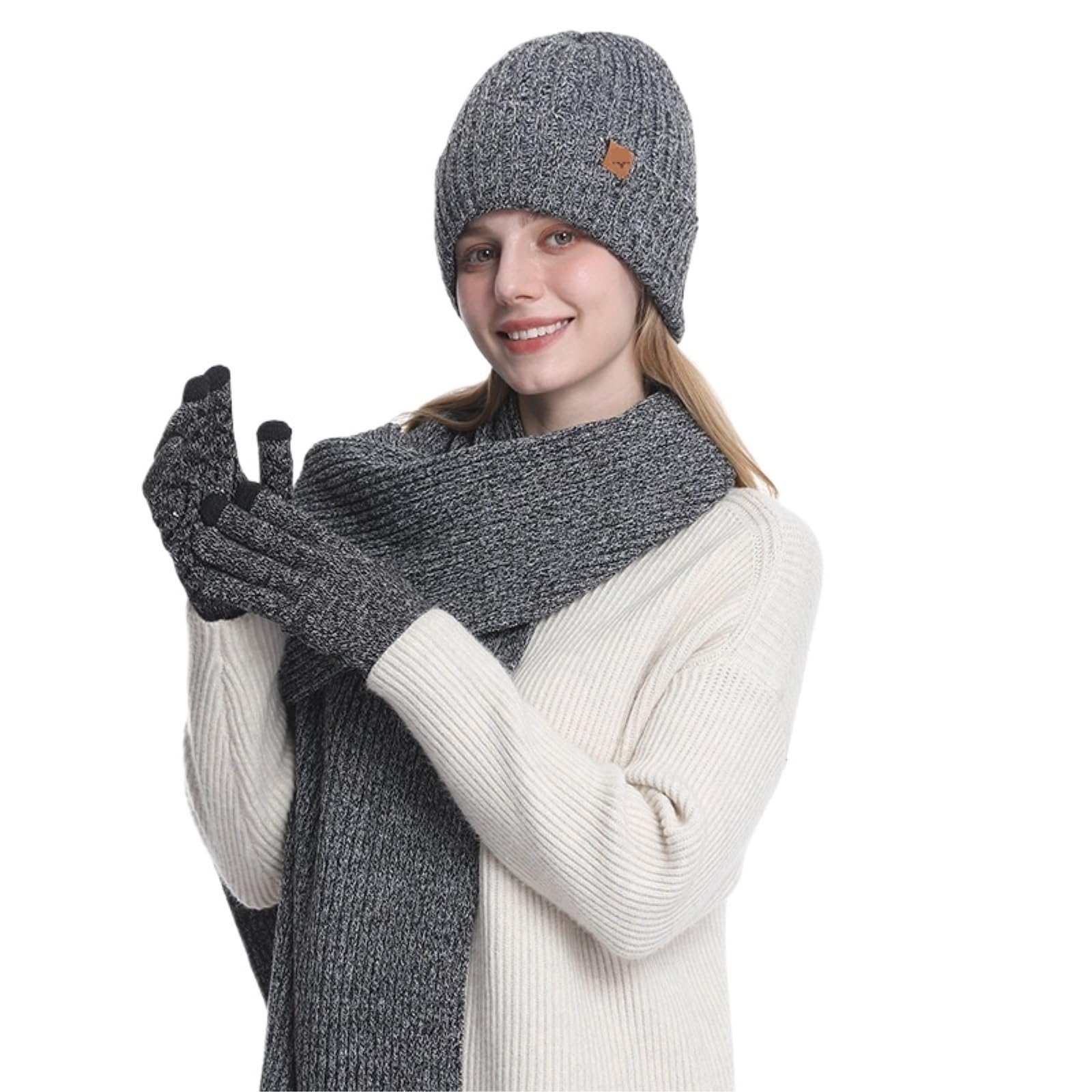 Czapka Szalik RęKawiczki Damska Dzianinowa Czapka, Ciepłe Rękawiczki I Szalik Do Jazdy Na Rowerze Zestaw(Grey)