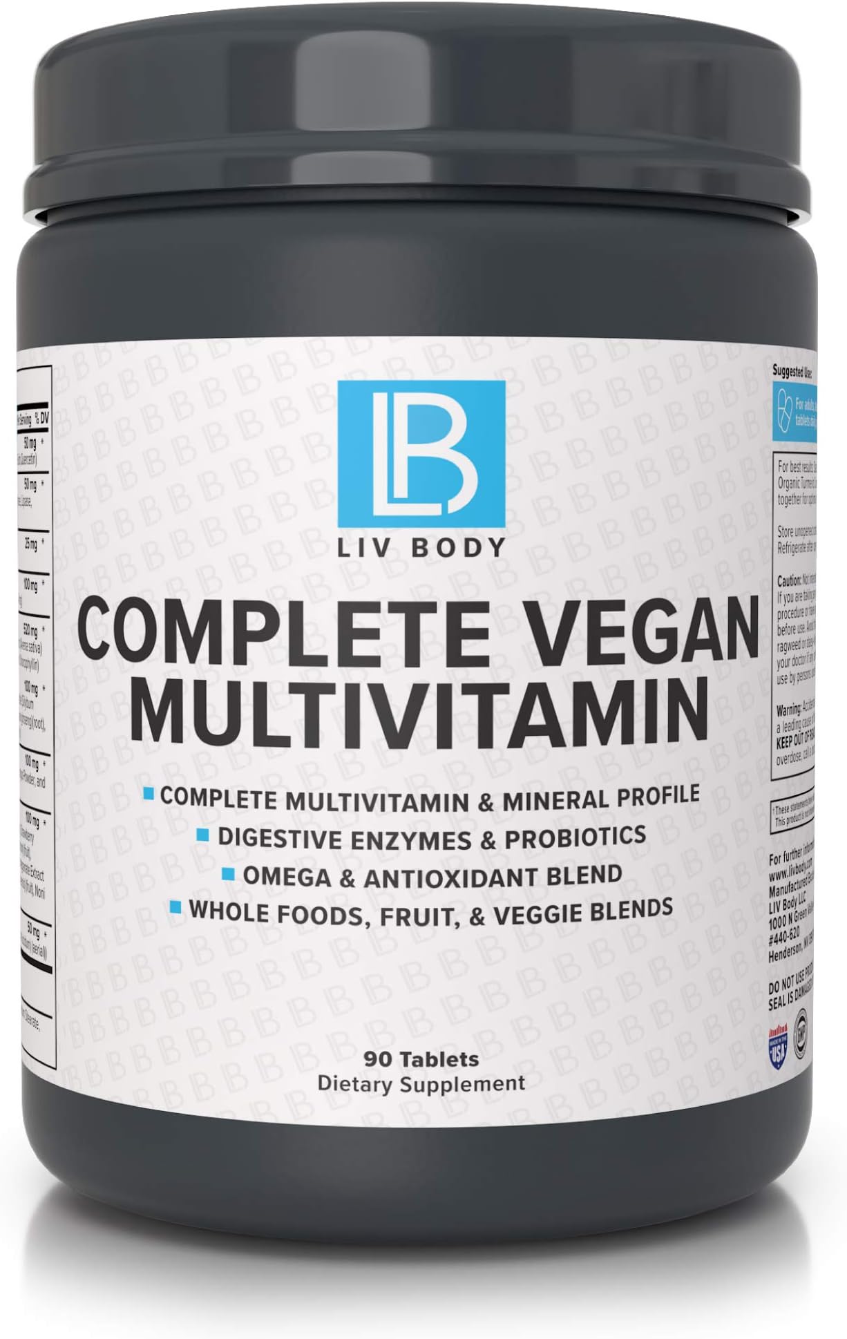 LIV Body | Complete Vegan Multivitamin | Vitamin and Mineral Profile | Added Probiotics, Greens, Antioxidants and Digestive Enzymes | 90 Veggie Capsules