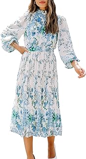 Women's Floral Midi Dress Puff Long Sleeve Casual Ruffle Chiffon A-Line Swing Pleated Belted Tea Party Dresses - Buy now