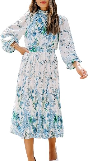 ANRABESS Women's Floral Chiffon Midi Dress Puff Long Sleeve Mock Neck Summer Wedding Guest Party Dresses Fall 2026 Outfits