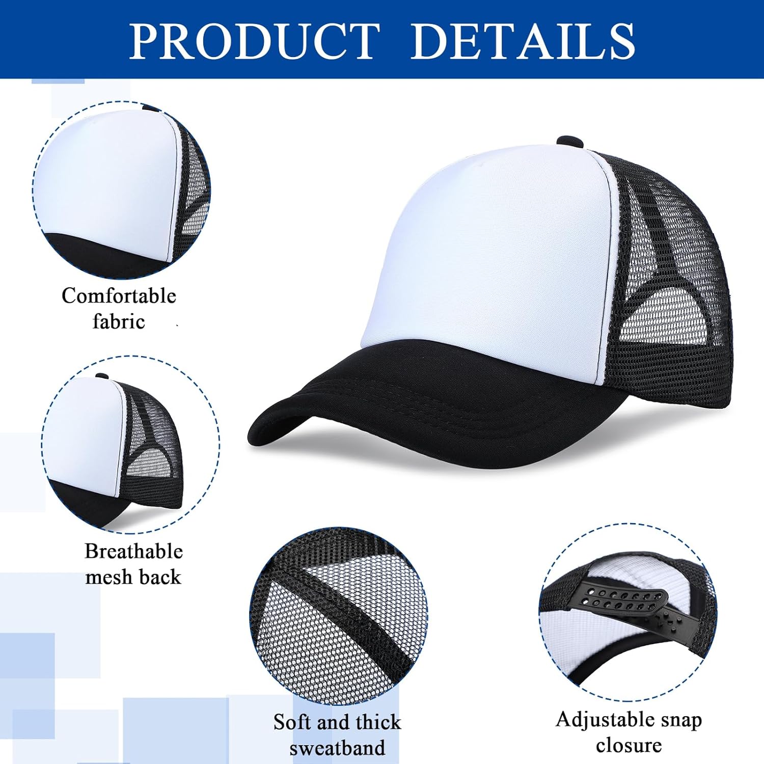 Panitay 100 Pcs Unisex Sublimation Blank Mesh Baseball Cap Adjustable Plain Blank Mesh Trucker Hat for DIY Embroidery Sublimation Printing Black and White