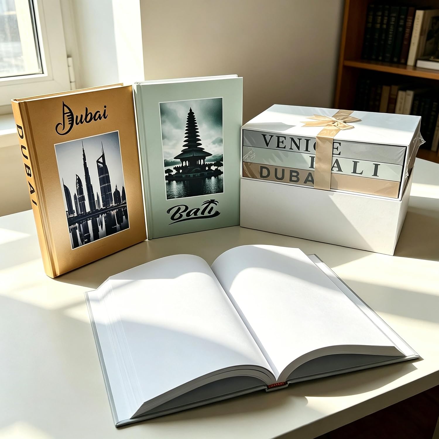 Decorative Books for Home Decor Set of 3, Blank Books with Open Book Box, Dubai Bali Venice Coffee Table Books, Faux Book Decor for Shelf, Mantel, Entryway, Bookend, Gift Decor