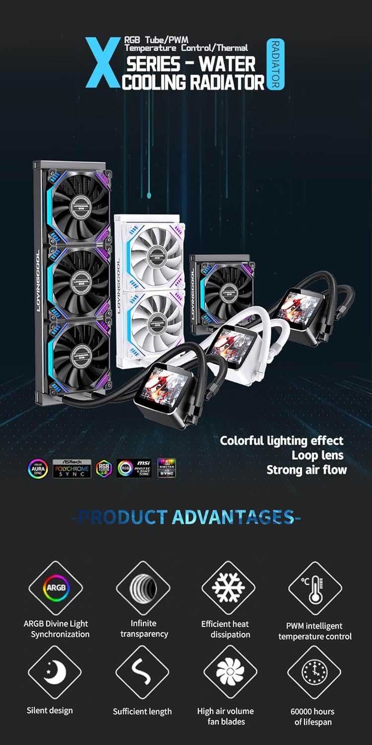 CPU Liquid Cooler LC-B360-X 2.4IPS Screen Gaming Computer Processor ARGB CPU Fan Water Cooling with Display Customizable for Images. Intel LGA 2066/2011/1700/1366/1200/115X and AMD AM4/AM5.