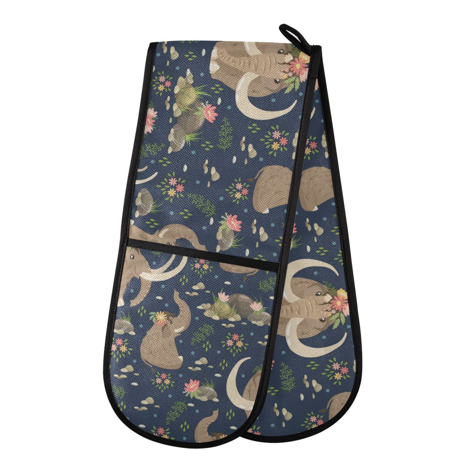 Double Oven Glove Cute Elephant Pattern Heat Resistant Double Ovens Mitt Modern Cooking Gloves Potholders