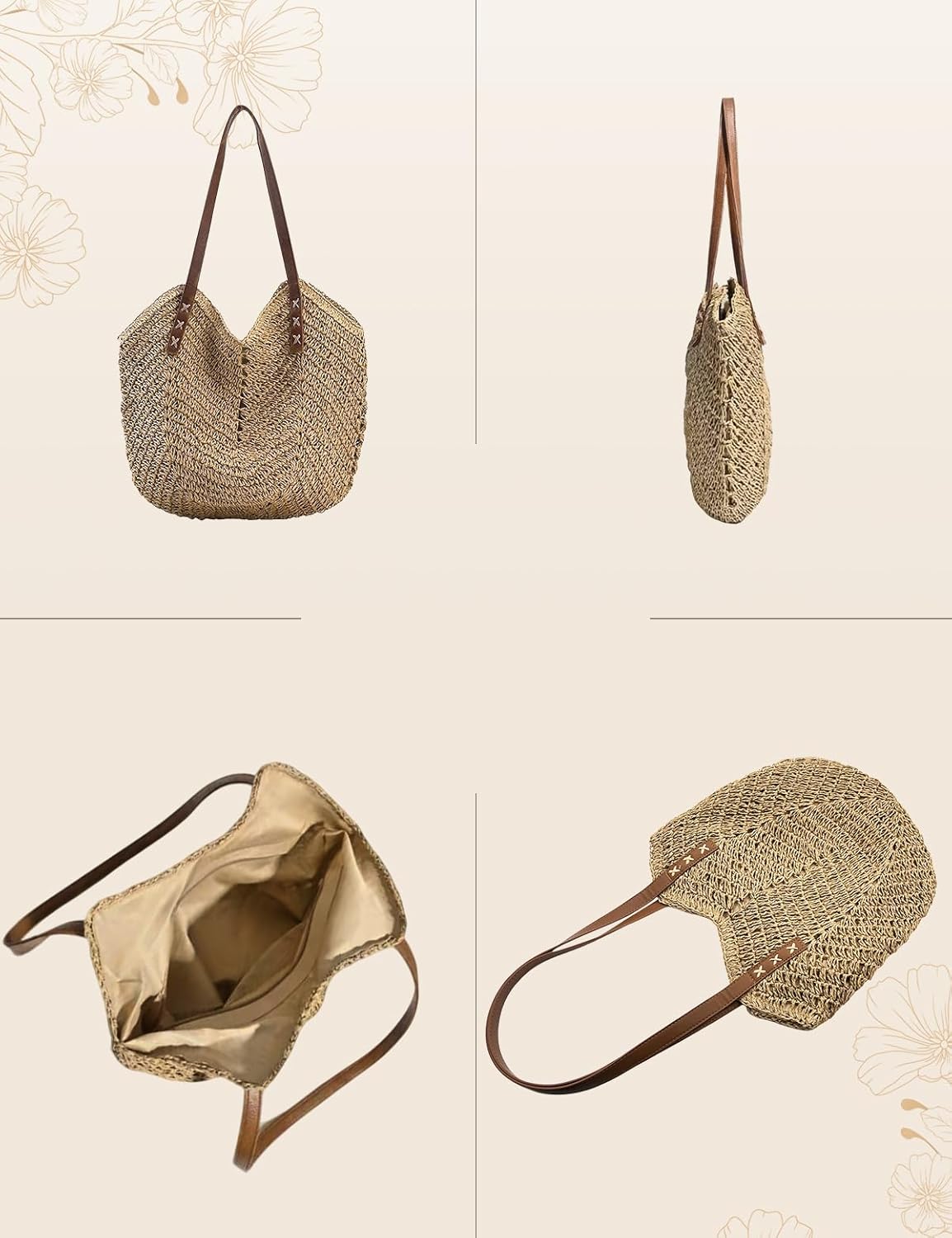 Beach Bags for Women with Zipper, Large Straw Bag Woven Tote Bag Straw Shoulder Bag for Summer Vocation - Image 6