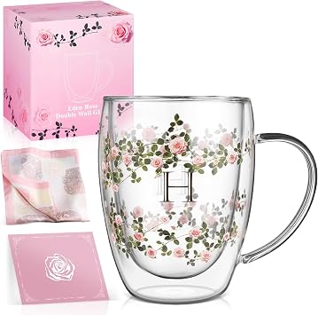 Initial Glass Cup for Women, 12oz Rose Double Walled Glass Coffee Mugs, Personalized Gifts for Women, Initial Coffee Tea Mug with Scarf, Birthday Wedding Gifts for Mom Teacher