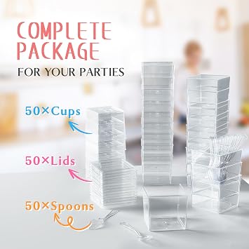 5 oz Mini Square Dessert Cups with Lids and Spoons, 50 Pack