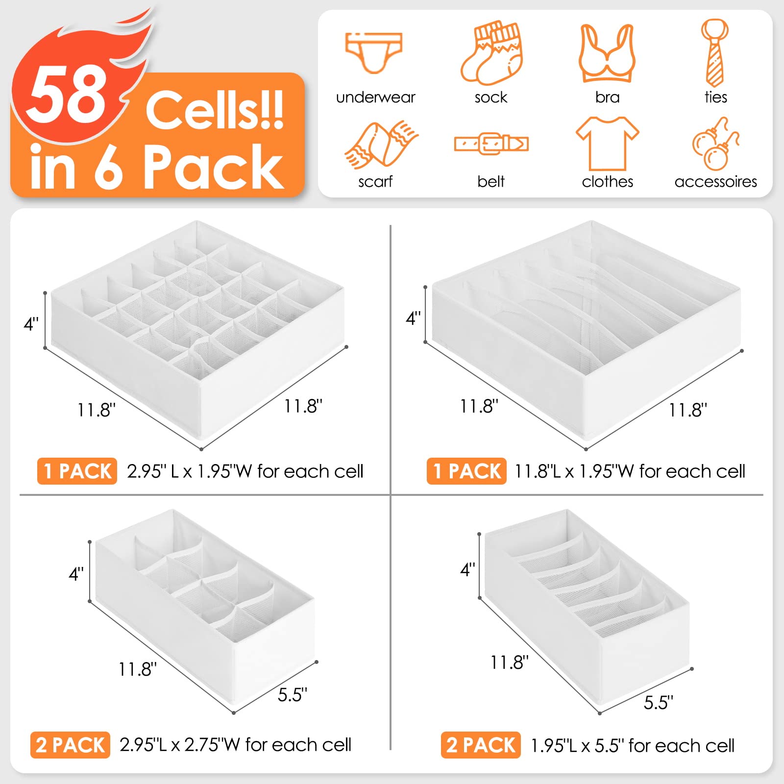 6 Stück Socken-Unterwäsche-Schubladen-Organizer-Trennwände, 58 Zellen, faltbar, Stoff-Kommode, Schrank-Organizer und Aufbewahrungskörbe für Kleidung, Babykleidung, BH, Höschen, Schal, Krawatten (weiß)