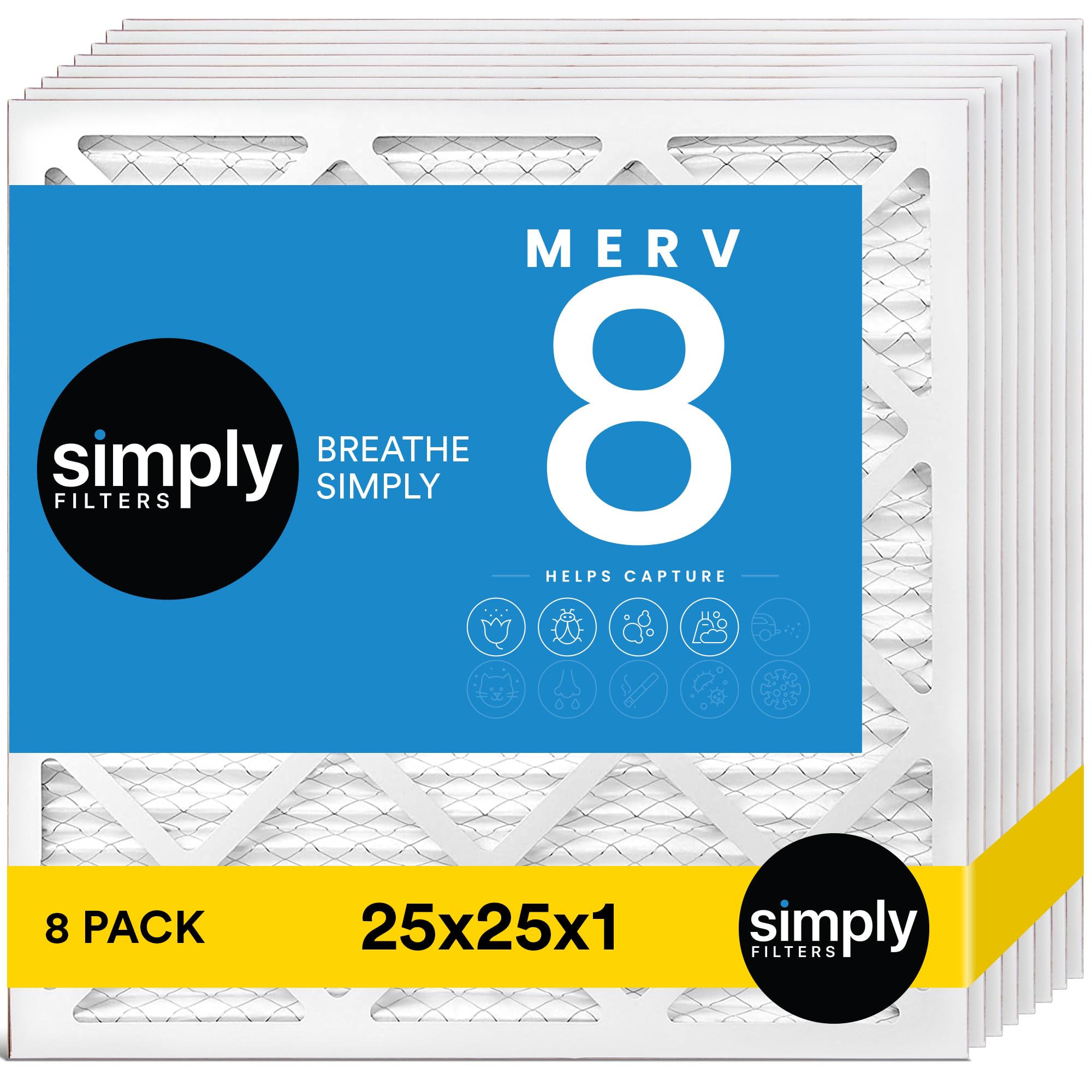 SimplyFilters 25x25x1 MERV 8, MPR 600, Air Filter (8 Pack) Actual Size: 24.75x24.75x0.75 HVAC, AC Furnace Air Filter