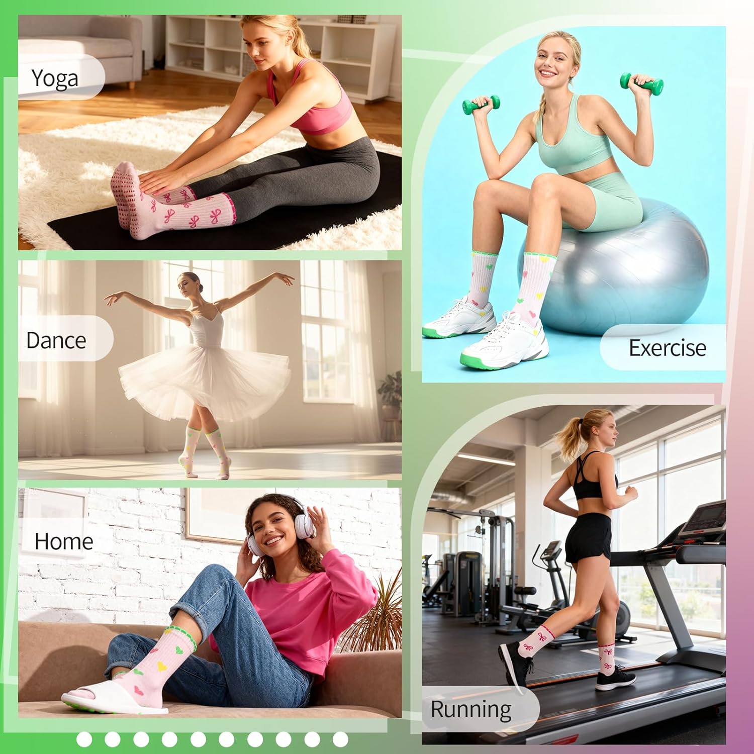 4 Pairs Cute Pilates Socks Women Grippy Athletic Crew Yoga Socks for Barre Workout Hospital - Image 6