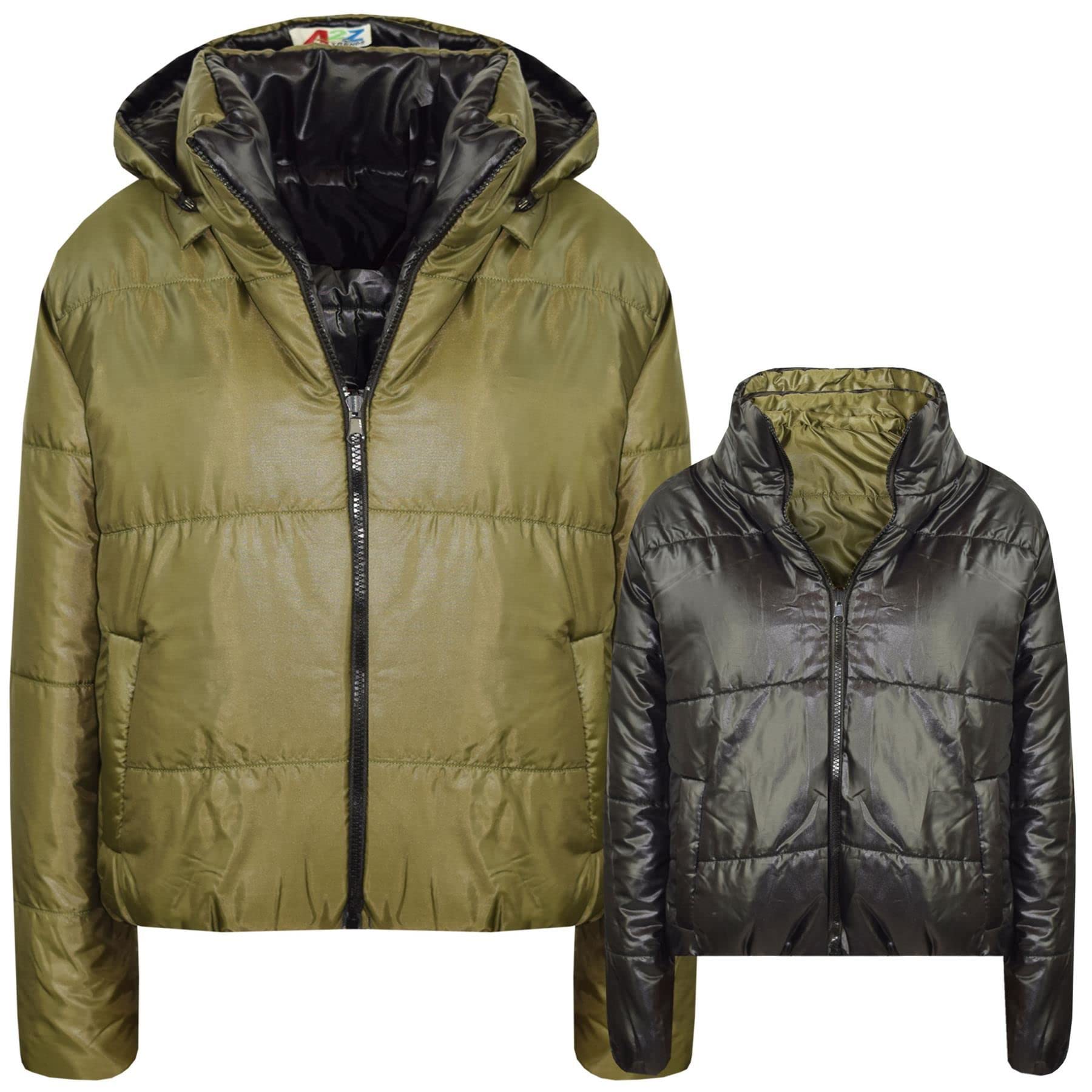 A2Z 4 Kids Dziewczyny Chłopcy Kurtka Dwustronna, Krótka, Z Kapturem, Wyściełana Podszewką Kurtki Puchowe - Reversible Jacket 492 Olive 13.