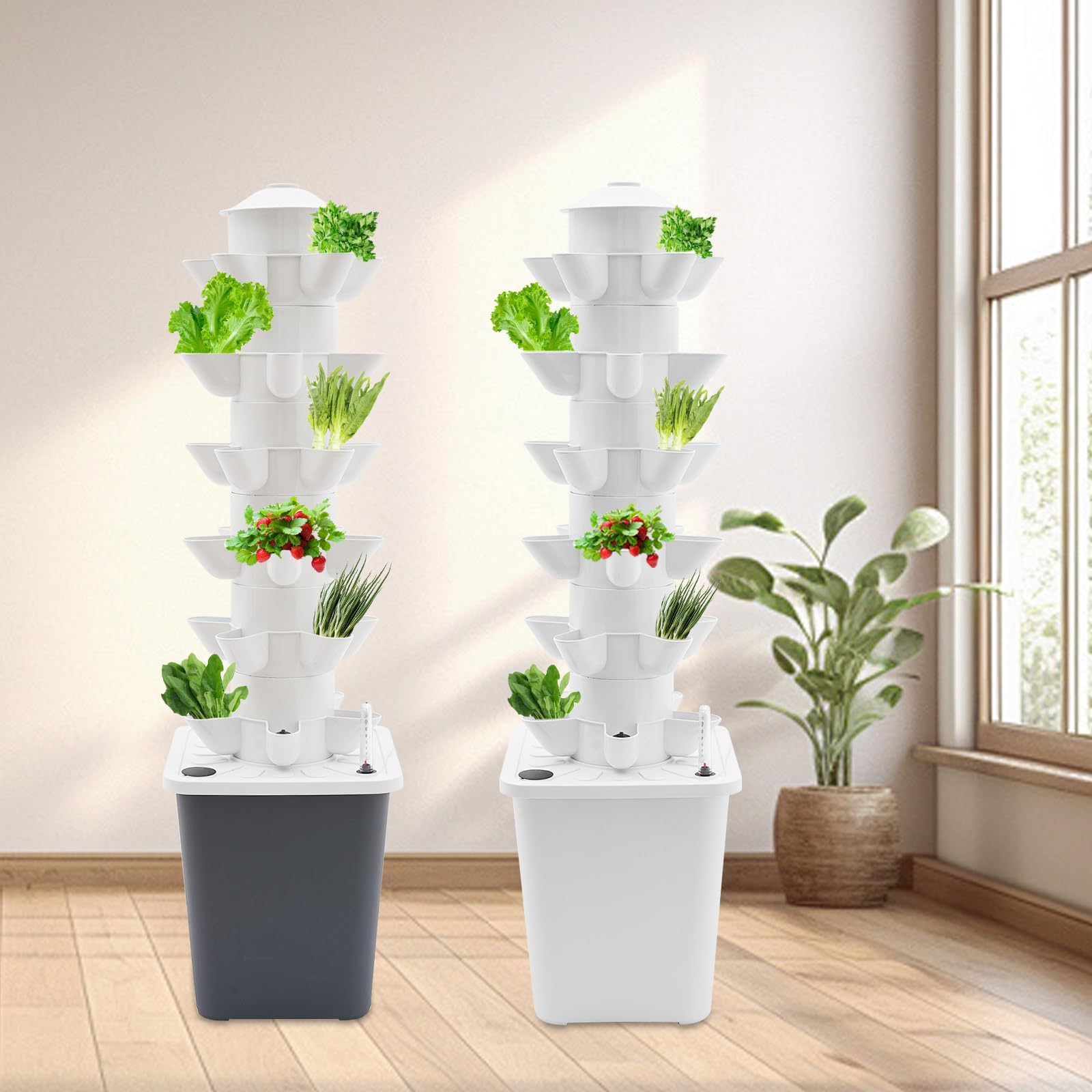 Système de culture hydroponique avec 30 pods, 6 étages, système de culture hydroponique pour herbes, fruits et légumes, kit de culture verticale pour la maison, le jardin, 26 x 26 x 86 cm, blanc
