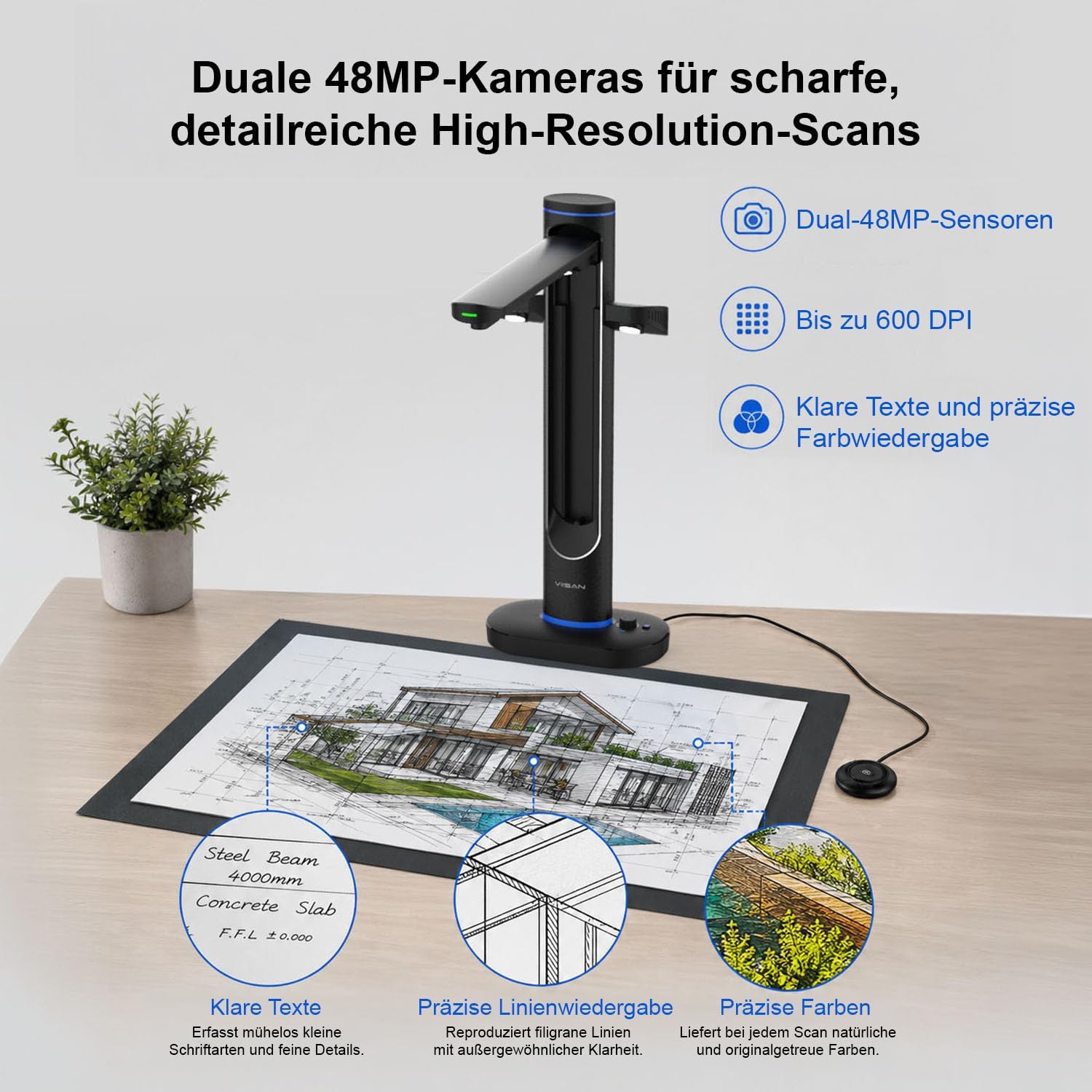 VIISAN S48 Duo Professioneller A2/A3 Buchscanner, Dual 48MP CMOS-Sensoren, 600 DPI, Automatisches Glätten der Buchfalz, OCR-Texterkennung, LED-Beleuchtung, Kompatibel mit Windows & macOS