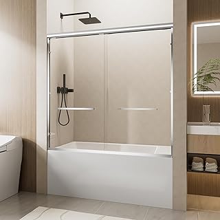 Sliding Tub Shower Door, 56-60 in. W x 57 in. H Semi-Frameless Bypass Double Sliding Bathroom Glass Door for Tub, 1/4 inch Clear Tempered Glass Bathtub Door, Chrome Aluminum