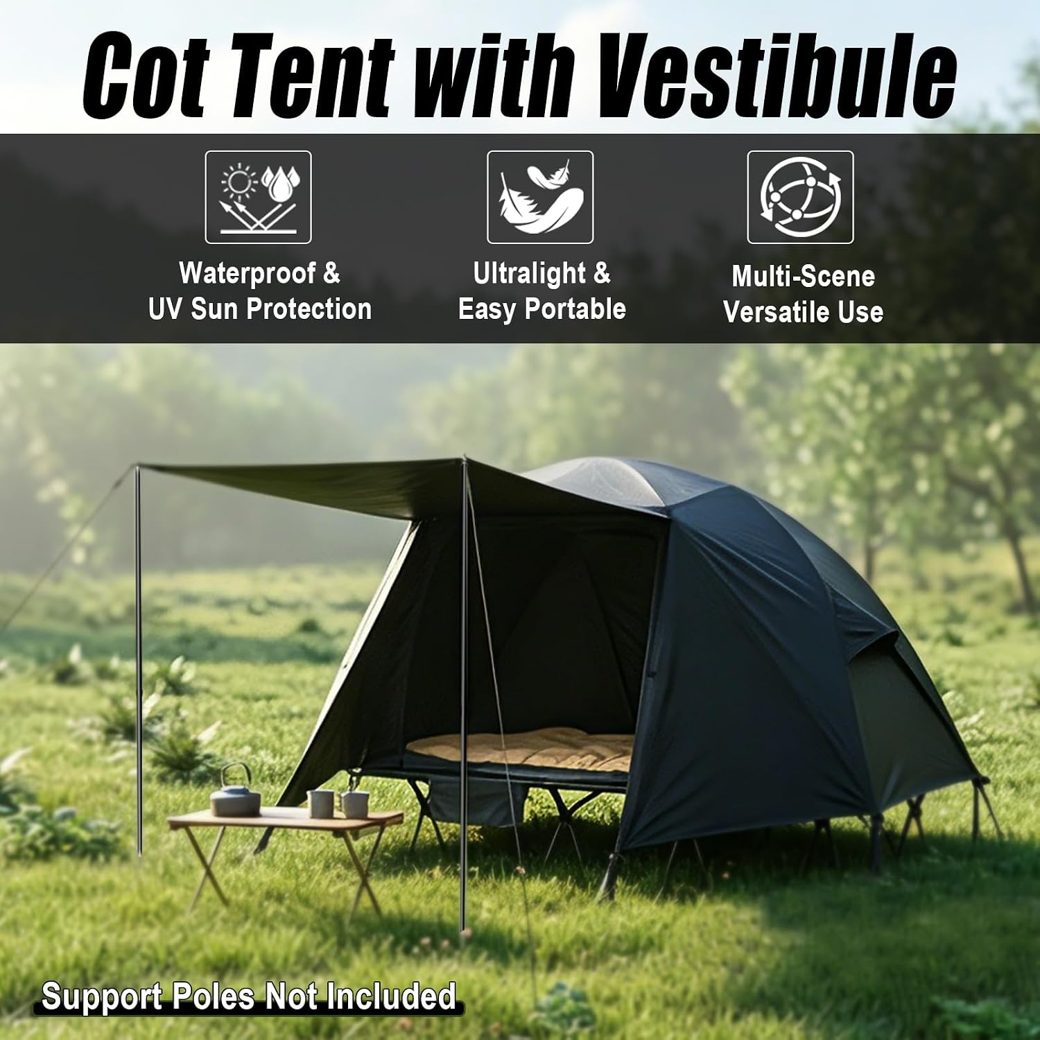 Cot Tent Combo(83" L x 31.5" W 12.8lbs), 1 Person Portable Camping Off-Ground Tent, Lightweight Waterproof Breathable Elevated Tent with Vestibule, Easy Set-up Comfortable Tent Cot for Hiking