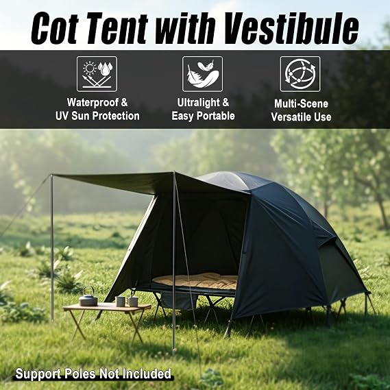 Camping Cot Tent with Vestibule, 1 Person Waterproof Off-Ground Tent | 83L x 31.5W, Lightweight Easy Set-up Elevated Tent, Portable Comfortable Tent Cot Combo for Hiking Motorcycle Travel