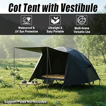 Camping Cot Tent with Vestibule, 1 Person Waterproof Off-Ground Tent | 83L x 31.5W, Lightweight Easy Set-up Elevated Tent, Portable Comfortable Tent Cot Combo for Hiking Motorcycle Travel
