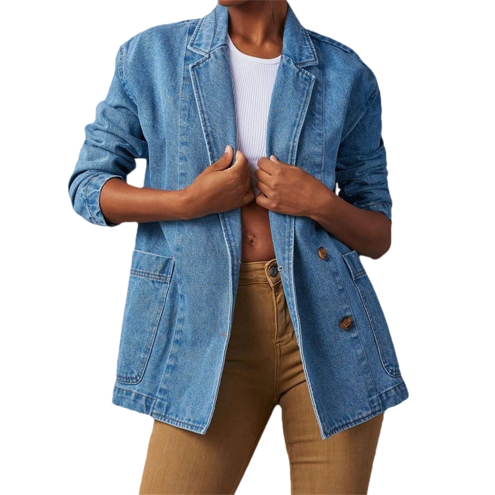 Veste Blazer en Jean Oversize pour Femme, Manches Longues, Coupe décontractée, col à Revers, Ouverte sur Le Devant, idéale pour Le Bureau ou Les Affaires, avec Poches.