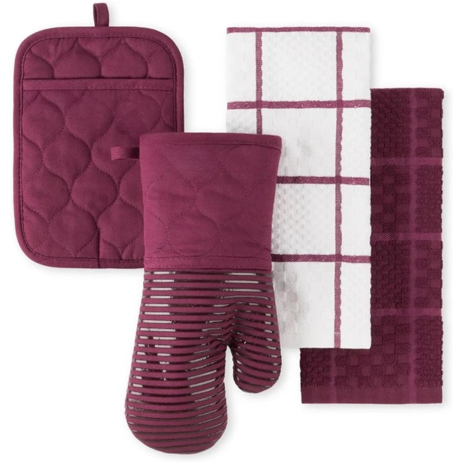 Gesteppter Ofenhandschuh aus Baumwollfrottee, hitzebeständiger Topflappen, 16"x26", 7"x13" und 7"x10", Rot