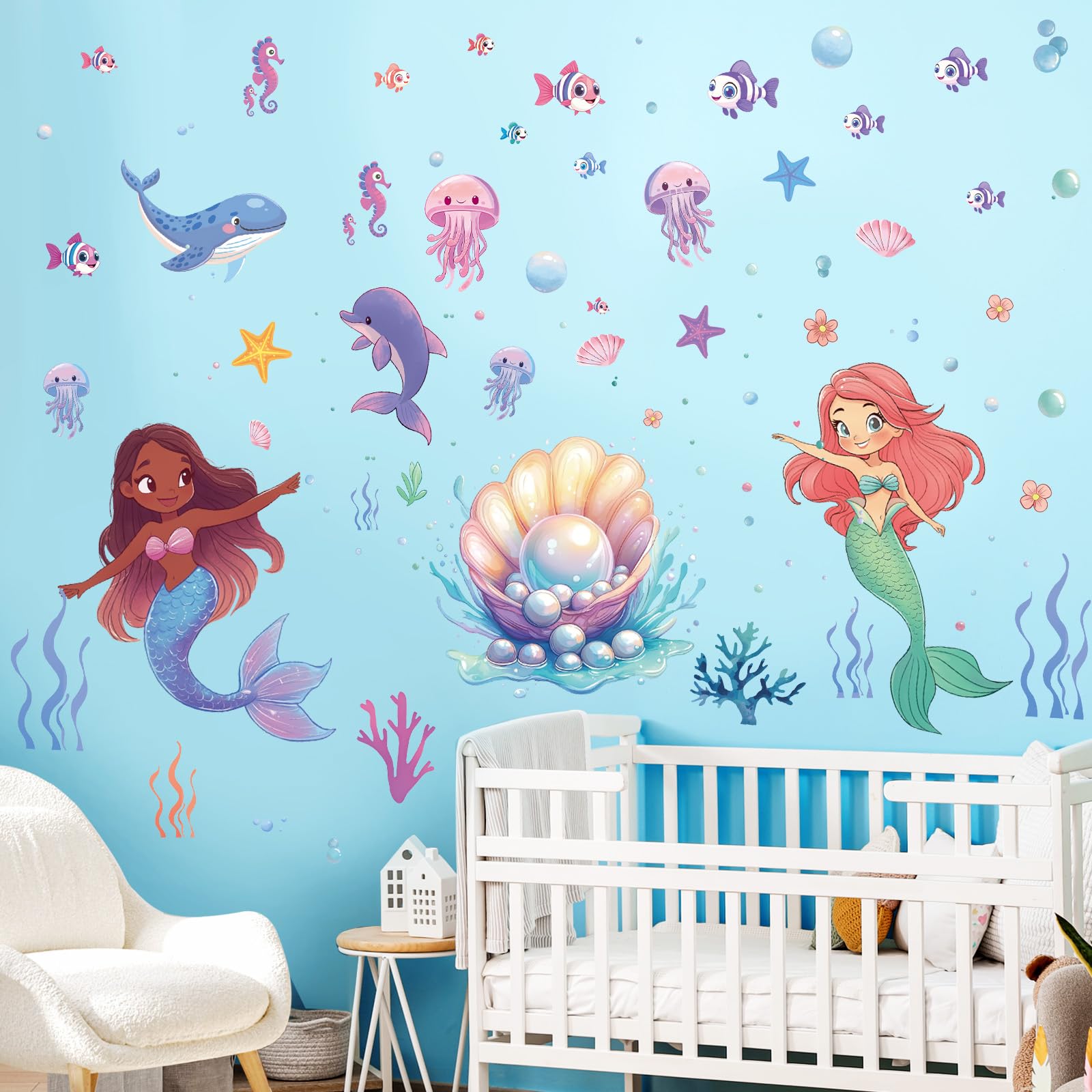 SHUCHING Large Mermaid Wall Stickers for Girls Removable Vinyl Shell Princess Wall Decals Decoration Art for Baby Kids Bedroom Nursery Playroom - Image 2