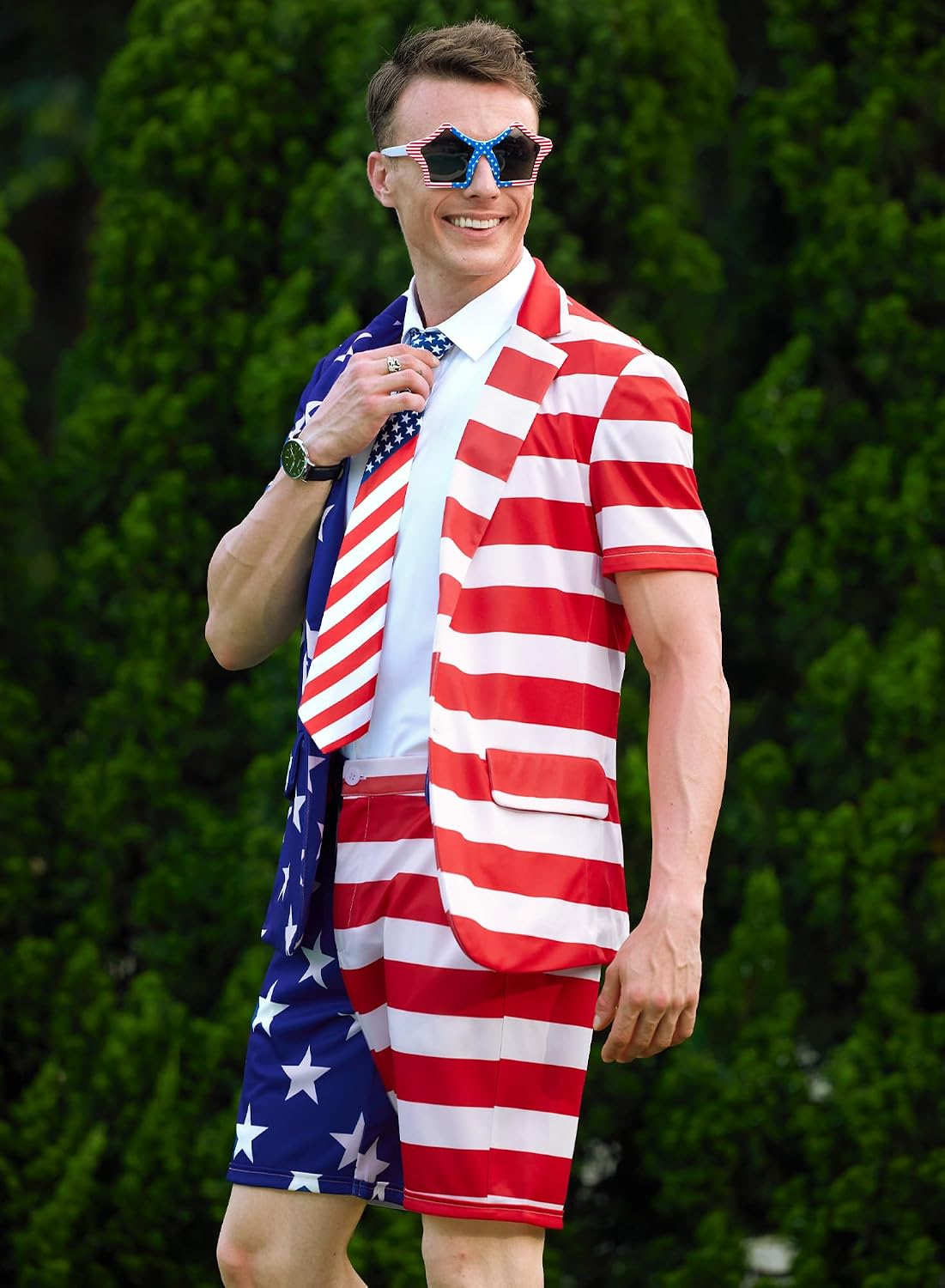 Mainfini Men's 3 Pcs American Flag Suit 4th of July Blazer with Shorts Tie (S-XXL)