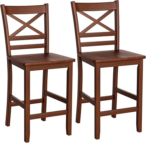 Miniatura 10 de COSTWAY Juego de 4 taburetes de bar, sillas antiguas de altura de encimera de cocina de 25 pulgadas con respaldo de madera en forma de X y patas de