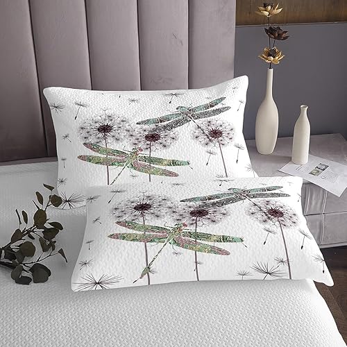 Miniatura 4 de Regalos de libélula para mujer, juego de edredón floral de diente de león, tamaño King, juego de colcha de animales voladores de libélulas para