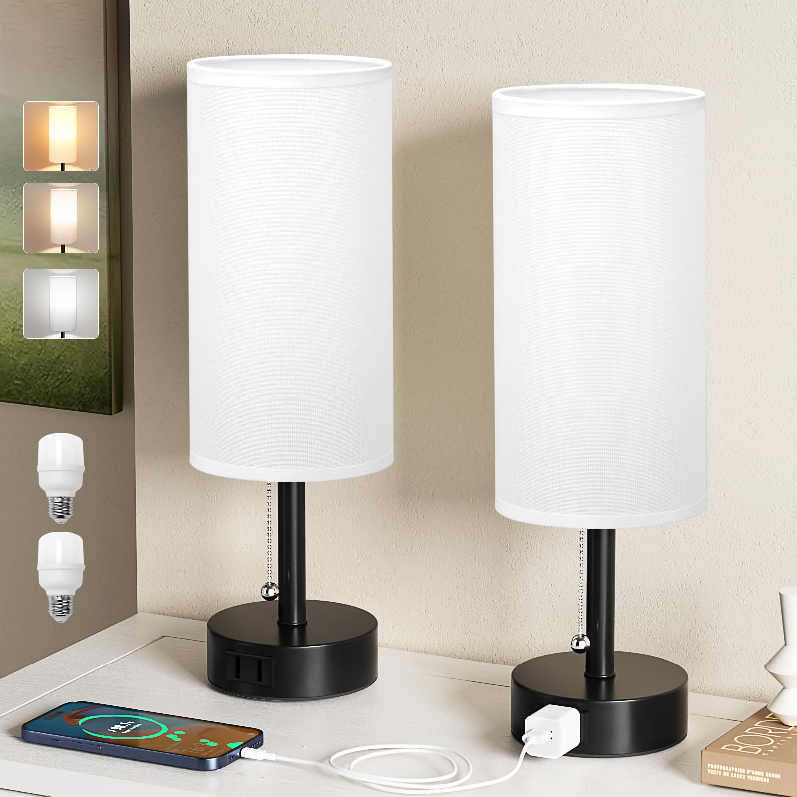 White Bedside Table Lamps Set of 2 - Bedroom Lamp for Desk, AC Outlet