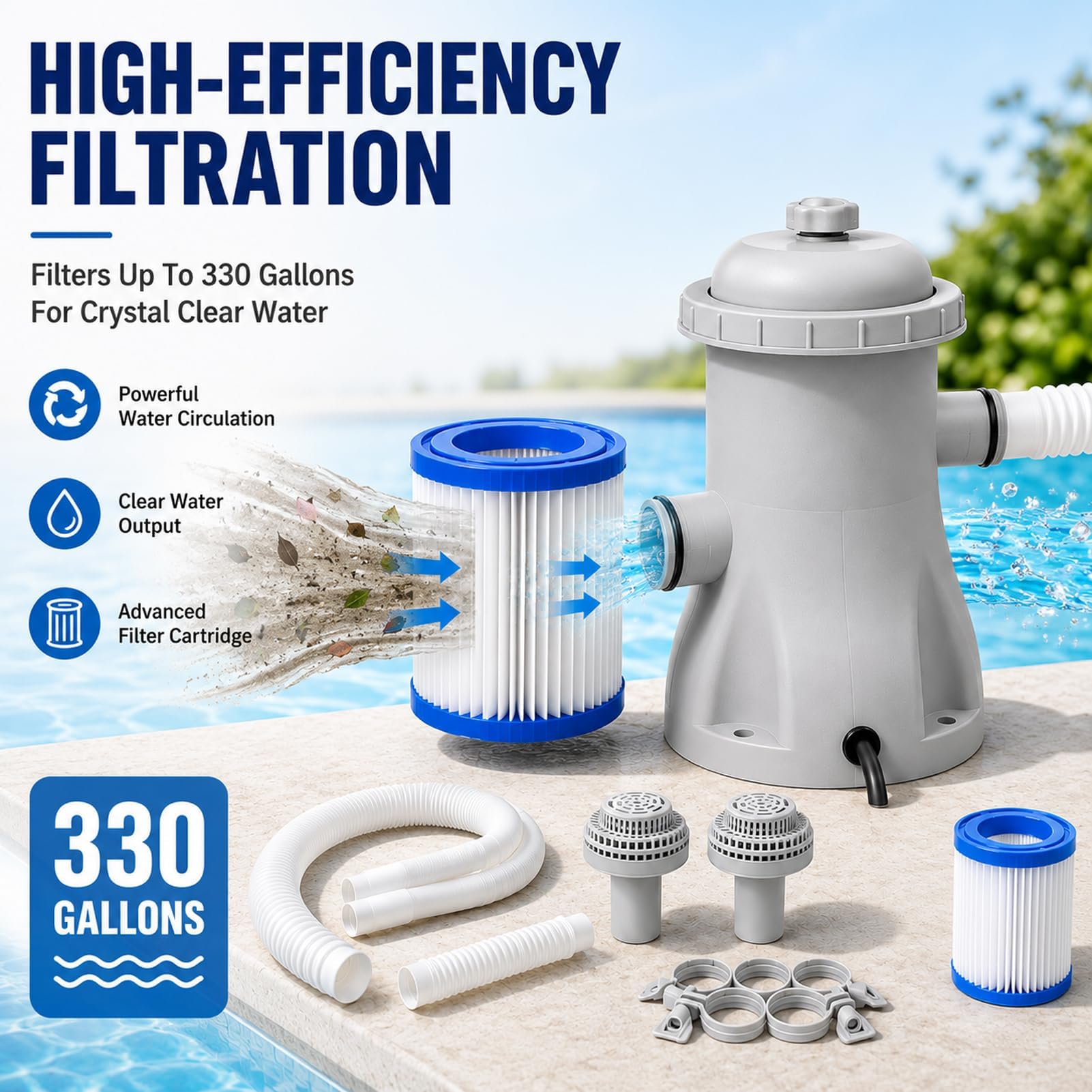 Pompa filtrante per piscina, 330 galloni per piscine gonfiabili fuori terra, pompe efficienti per filtri a cartuccia, sistema di pompe di filtri elettrici, tubi da 32 mm, 16 W a basso rumore